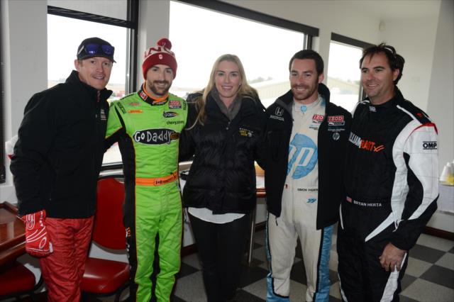 Scott Dixon, James Hinchcliffe, Simon Pagenaud, and Bryan Herta pose for a photograph with Susie Wheldon at the Dan Wheldon Pro-Am Karting Classic -- Photo by: Chris Owens