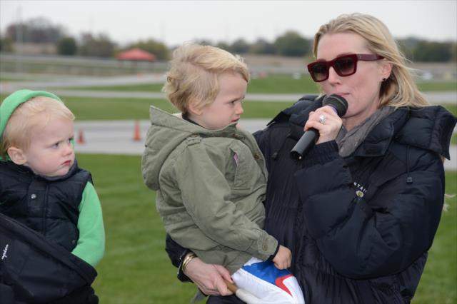 Susie Wheldon addresses the crowd before the start of the Dan Wheldon Pro-Am Karting Classic -- Photo by: Chris Owens