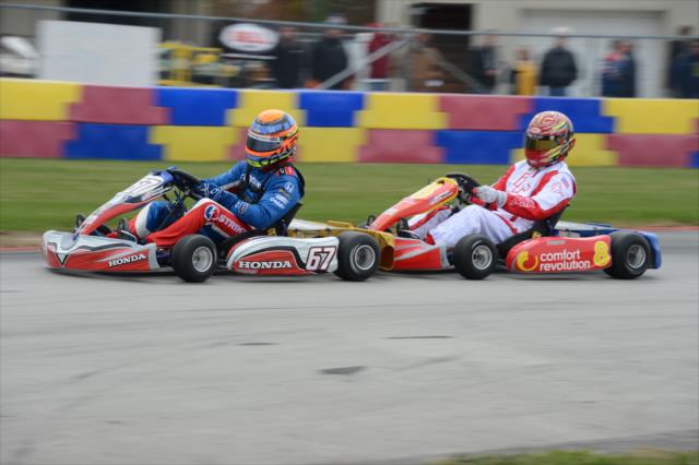 Josef Newgarden and Sage Karam go nose-to-tail during the Dan Wheldon Pro-Am Karting Classic -- Photo by: Chris Owens