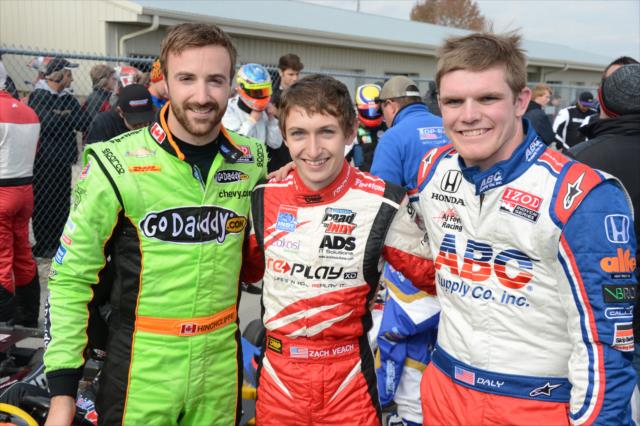 James Hinchcliffe, Zach Veach, and Conor Daly pose for a photo after their segment of the Dan Wheldon Pro-Am Karting Classic -- Photo by: Chris Owens