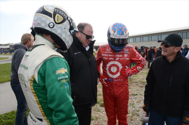 Ed Carpenter, Chip Ganassi, and Scott Dixon chat prior to their segment of the Dan Wheldon Pro-Am Karting Classic -- Photo by: Chris Owens