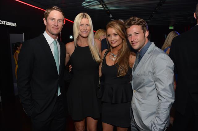 Ryan Hunter-Reay and wife Beccy, and Marco Andretti and girlfriend Marta at Club Nokia prior to the 2014 INDYCAR Championship Celebration -- Photo by: Chris Owens