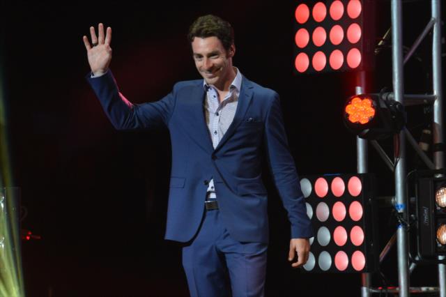 Simon Pagenaud is introduced to the crowd during the 2014 INDYCAR Championship Celebration -- Photo by: Chris Owens