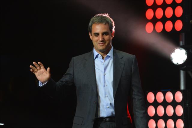 Juan Pablo Montoya is introduced to the crowd during the 2014 INDYCAR Championship Celebration -- Photo by: Chris Owens