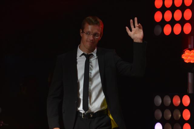 Sebastien Bourdais is introduced to the crowd during the 2014 INDYCAR Championship Celebration -- Photo by: Chris Owens