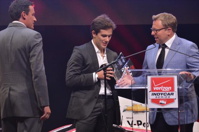 Carlos Munoz accepts the 2014 Verizon IndyCar Series Rookie of the Year Award during the 2014 INDYCAR Championship Celebration -- Photo by: Chris Owens