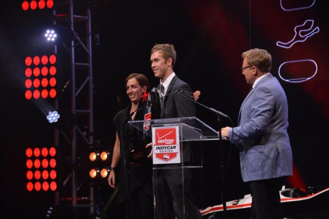 Jack Hawksworth accepts the 2014 Tony Renna Rising Star Award during the 2014 INDYCAR Championship Celebration -- Photo by: Chris Owens