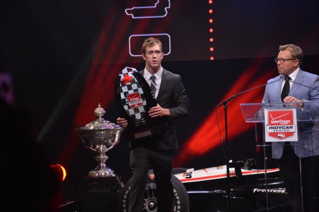 Jack Hawksworth accepts the 2014 Tony Renna Rising Star Award during the 2014 INDYCAR Championship Celebration -- Photo by: Chris Owens