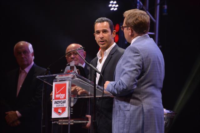 Helio Castroneves at the podium during the 2014 INDYCAR Championship Celebration -- Photo by: Chris Owens