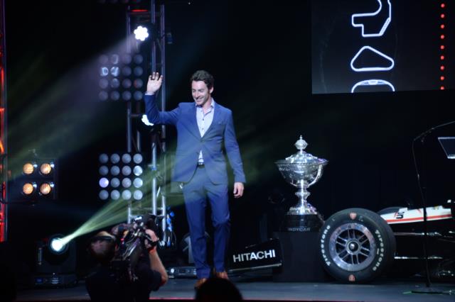 Simon Pagenaud is introduced to the crowd during the 2014 INDYCAR Championship Celebration -- Photo by: John Cote