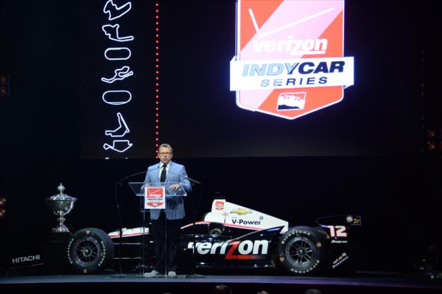 Leigh Diffey opens the 2014 INDYCAR Championship Celebration -- Photo by: John Cote