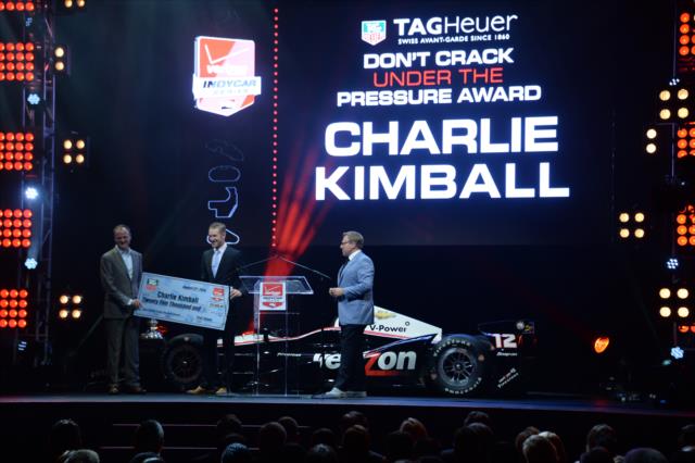Charlie Kimball is presented the 2014 TAG Heuer Don't Crack Under The Pressure Award during the 2014 INDYCAR Championship Celebration -- Photo by: John Cote