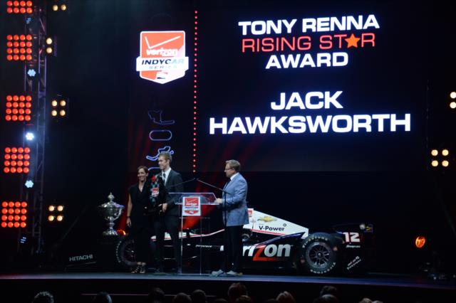 Jack Hawksworth accepts the Tony Renna Rising Star Award during the 2014 INDYCAR Championship Celebration -- Photo by: John Cote