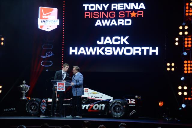 Jack Hawksworth at the podium to accept the Tony Renna Rising Star Award during the 2014 INDYCAR Championship Celebration -- Photo by: John Cote