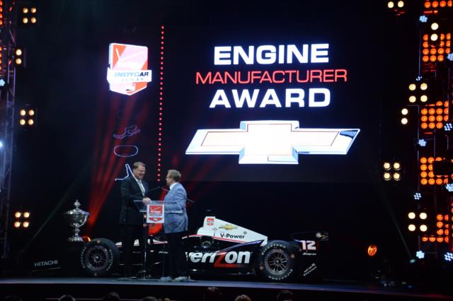 Jim Campbell, VP of Performance Vehicles & Motorsports for Chevrolet, accepts the 2014 Engine Manufacturer Award during the 2014 INDYCAR Championship Celebration -- Photo by: John Cote