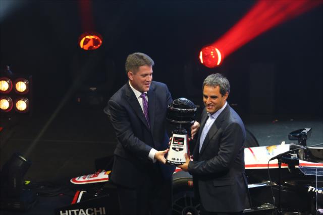 Juan Pablo Montoya accepts the 2014 Fan Favorite Driver Award during the 2014 INDYCAR Championship Celebration -- Photo by: Chris Jones