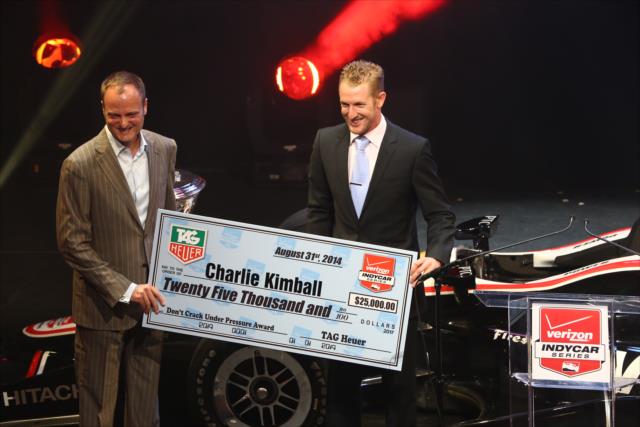 Charlie Kimball accepts the 2014 TAG Heuer Don't Crack Under The Pressure Award during the 2014 INDYCAR Championship Celebration -- Photo by: Chris Jones