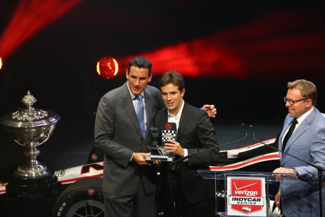 Carlos Munoz accepts the 2014 Sunoco Rookie of the Year Award during the 2014 INDYCAR Championship Celebration -- Photo by: Chris Jones