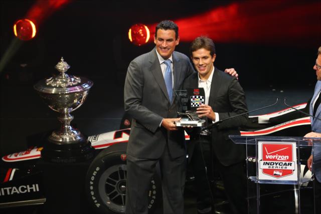 Carlos Munoz accepts the 2014 Verizon IndyCar Series Rookie of the Year Award at the 2014 Championship Celebration -- Photo by: Chris Jones