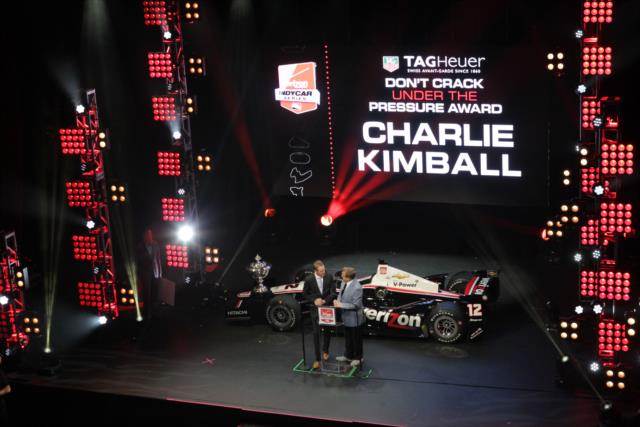 Charlie Kimball receives the TAG Heuer Don't Crack Under The Pressure Award at the 2014 INDYCAR Championship Celebration -- Photo by: Joe Skibinski