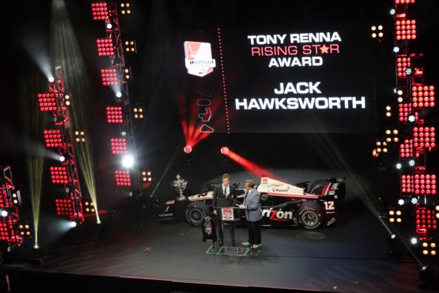 Jack Hawksworth receives the 2014 Tony Renna Rising Star Award at the 2014 INDYCAR Championship Celebration -- Photo by: Joe Skibinski