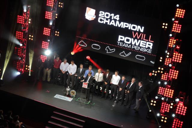 Will Power at the podium during the 2014 INDYCAR Championship Celebration -- Photo by: Joe Skibinski