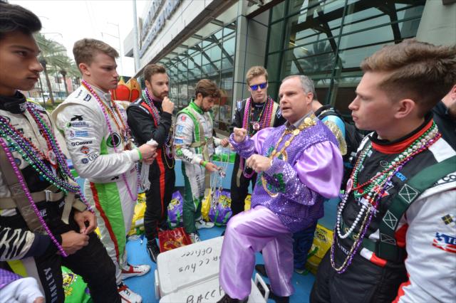 Drivers receive their final instructions from Bacchus Capt. Clark Brennan before the Mardi Gras parade in New Orleans -- Photo by: Chris Owens