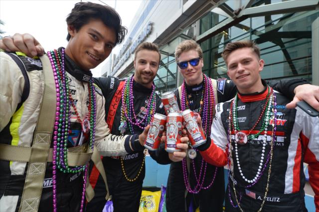 Neil Alberico, James Hinchcliffe, Josef Newgarden, and Aaron Telitz with the Hinchtown Hammerdown before the Krewe of Bacchus Mardi Gras parade in New Orleans -- Photo by: Chris Owens