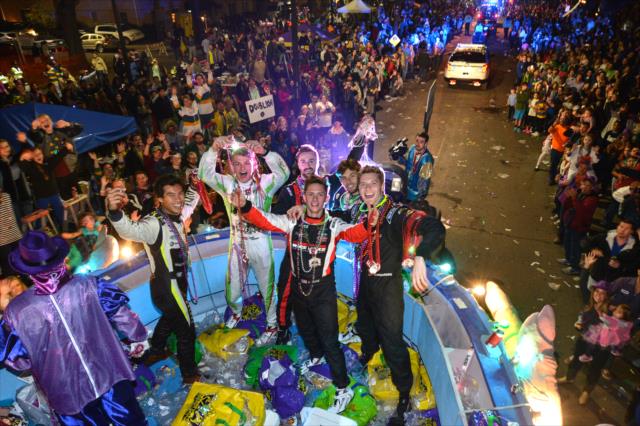Neil Alberico, Sage Karam, James Hinchcliffe, Aaron Telitz, Carlos Munoz, and Josef Newgarden pose during the Krewe of Bacchus Mardi Gras parade in New Orleans -- Photo by: Chris Owens
