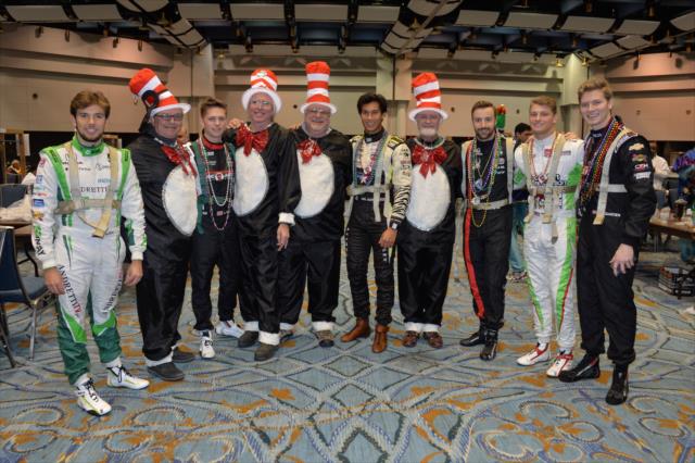 Carlos Munoz, Aaron Telitz, Neil Alberico, James Hinchcliffe, Sage Karam, and Josef Newgarden pose with the Cat in the Hat krewe before the Krewe of Bacchus Mardi Gras parade in New Orleans -- Photo by: Chris Owens