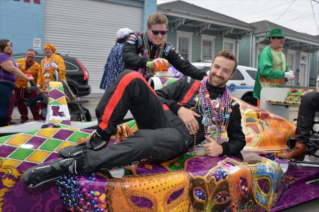 Josef Newgarden and James Hinchcliffe clown around prior to the Krewe of Bacchus Mardi Gras parade in New Orleans -- Photo by: Chris Owens