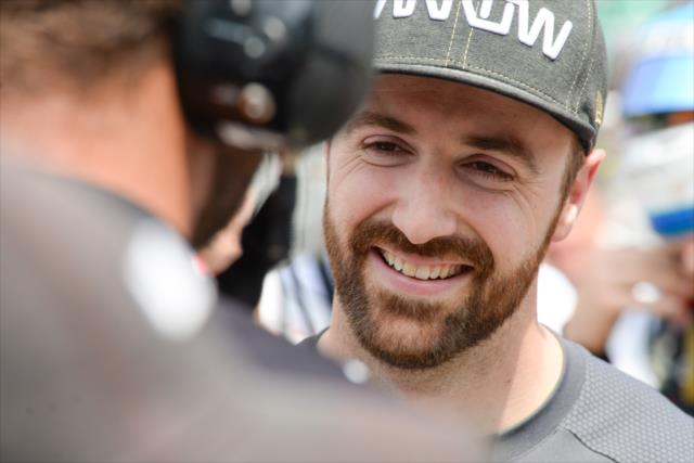 James Hinchcliffe chats with his team during qualifications for the 102nd Indianapolis 500 at the Indianapolis Motor Speedway -- Photo by: James  Black
