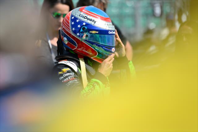 Danica Patrick adjusts her helmet on pit lane prior to her qualification attempt for the 102nd Indianapolis 500 at the Indianapolis Motor Speedway -- Photo by: James  Black