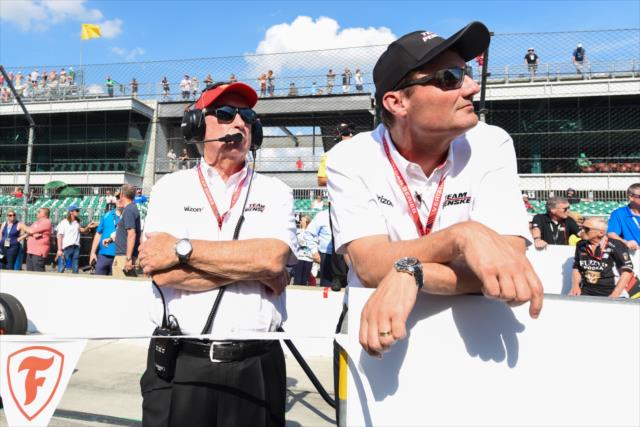 Team Penske owner Roger Penske and president Tim Cindric watch from pit lane during qualifications for the 102nd Indianapolis 500 at the Indianapolis Motor Speedway -- Photo by: James  Black