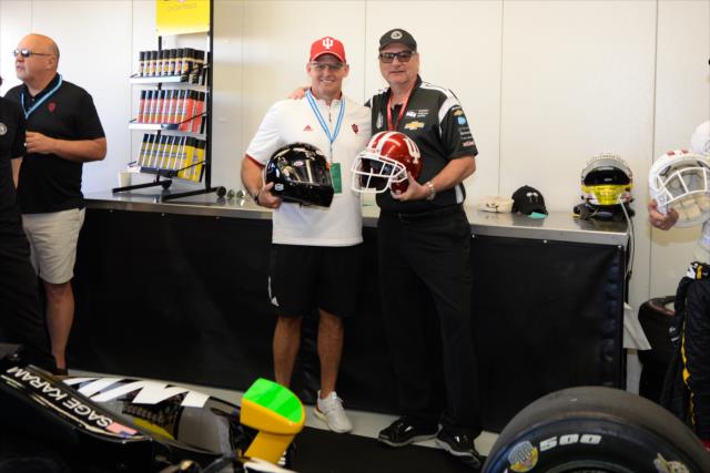 Indiana University Head Football Coach Tom Allen with Dennis Reinbold during his visit to Gasoline Alley on Miller Lite Carb Day at the Indianapolis Motor Speedway -- Photo by: James  Black
