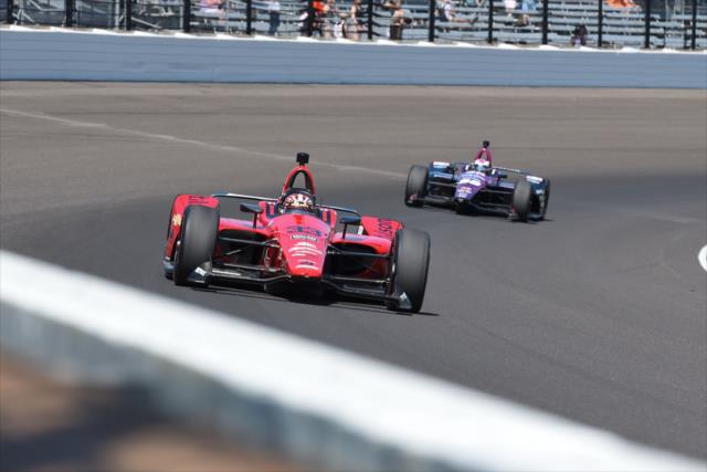 James Davison and Jack Harvey sail out of Turn 1 during the final practice for the 102nd Indianapolis 500 during Miller Lite Carb Day at the Indianapolis Motor Speedway -- Photo by: James  Black