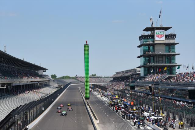 Dalton Kellett leads the field into Turn 1 during the start of the 2018 Freedom 100 at the Indianapolis Motor Speedway -- Photo by: James  Black