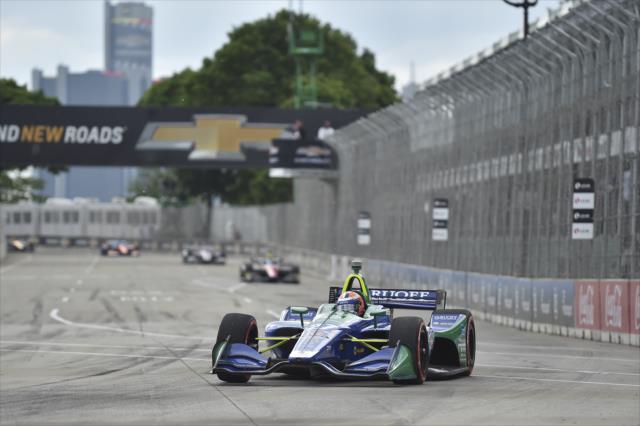 Alexander Rossi roars into Turn 1 during Race 2 of the Chevrolet Detroit Grand Prix at Belle Isle Park -- Photo by: Chris Owens