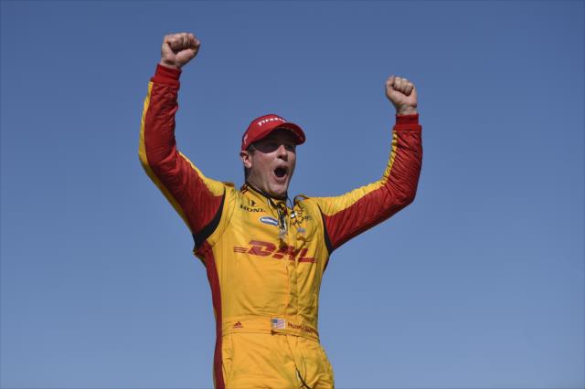 Ryan Hunter-Reay celebrates in Victory Circle after winning Race 2 of the Chevrolet Detroit Grand Prix at Belle Isle Park -- Photo by: Chris Owens