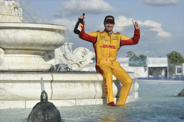 Ryan Hunter-Reay sits in the James Scott Memorial Fountain at Belle Isle Park after winning Race 2 of the Chevrolet Detroit Grand Prix -- Photo by: Chris Owens