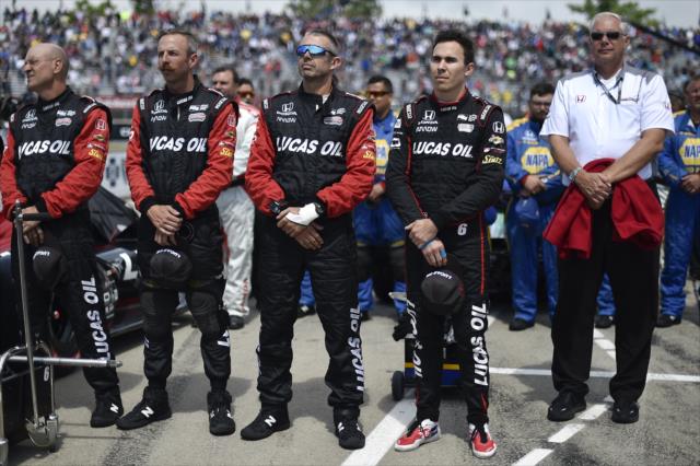 Robert Wickens stands with his team during the National Anthems during pre-race festivities for Race 2 of the Chevrolet Detroit Grand Prix at Belle Isle Park -- Photo by: Chris Owens