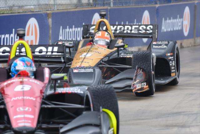 Teammates James Hinchcliffe and Robert Wickens navigate Turn 8 during qualifications for Race 2 of the Chevrolet Detroit Grand Prix at Belle Isle Park -- Photo by: James  Black