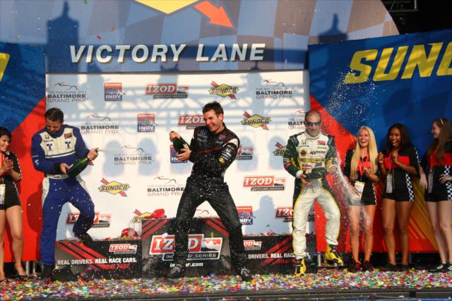 Will Power, Oriol Servia and Tony Kanaan celebrating in victory circle -- Photo by: Chris Jones