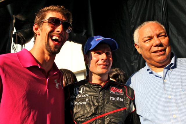 Will Power with Michael Phelps and Colin Powell -- Photo by: Shawn Gritzmacher