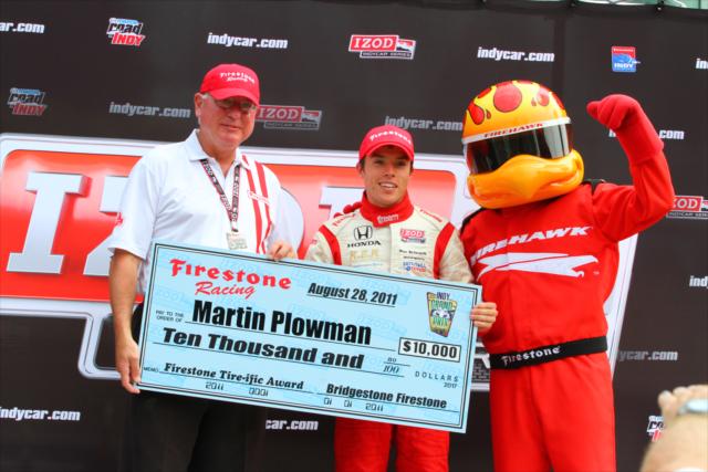 Martin Plowman accepts his award for the tire-riffic move of the race -- Photo by: Shawn Gritzmacher