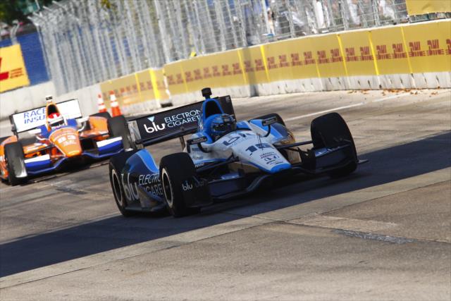 Graham Rahal leads Charlie Kimball under the Turn 2 bridge during the Grand Prix of Baltimore -- Photo by: Bret Kelley