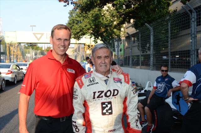 Al Unser Sr. poses with Johnny Unser before driving the 2-seater at Baltimore -- Photo by: Chris Owens