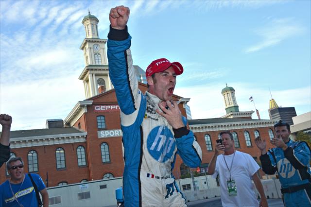 Simon Pagenaud celebrates his victory on pit lane in the Grand Prix of Baltimore -- Photo by: John Cote