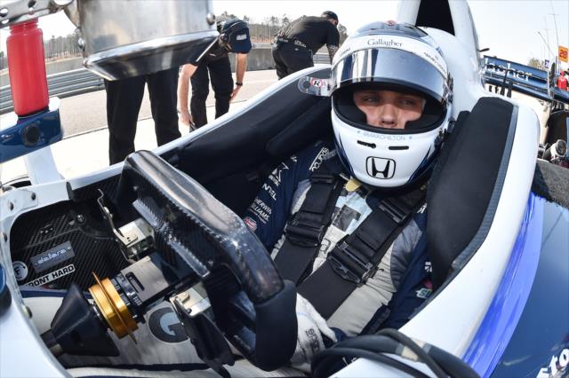 Max Chilton sits in his No. 8 Gallagher Honda on pit lane during the open test at Barber Motorsports Park -- Photo by: Chris Owens