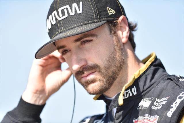 James Hinchcliffe adjusts his earpieces prior to track activity during the open test at Barber Motorsports Park -- Photo by: Chris Owens